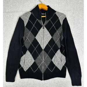 Express Full Zip Sweater Mens M Black Argyle 100% Lambswool Mock Neck